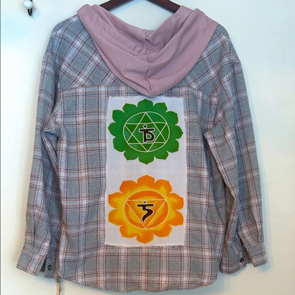 Upcycled chakra patched hooded flannel plaid shirt